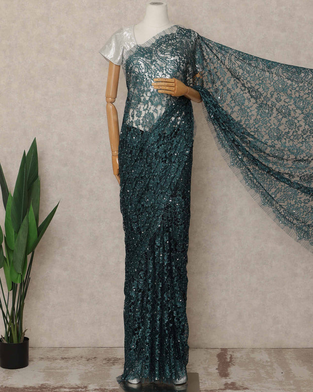 Deep Teal Green Premium French Chantilly Saree Lace With Stone Work 5.5 Mtrs Length 110 Cms Width Designer Net Fabric Made In France, Blouse Not Included-D28132