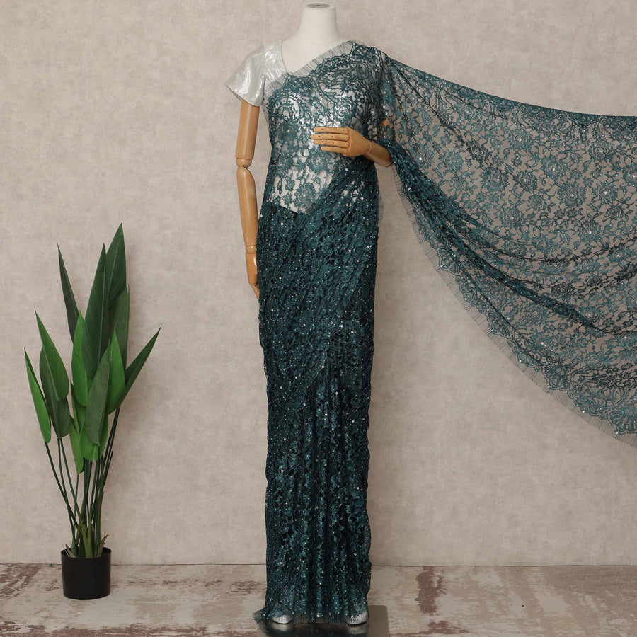 Deep Teal Green Premium French Chantilly Saree Lace With Stone Work 5.5 Mtrs Length 110 Cms Width Designer Net Fabric Made In France, Blouse Not Included-D28132