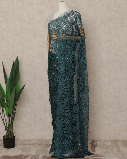 Deep Teal Green Premium French Chantilly Saree Lace With Stone Work 5.5 Mtrs Length 110 Cms Width Designer Net Fabric Made In France, Blouse Not Included-D28132