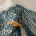 Deep Teal Green Premium French Chantilly Saree Lace With Stone Work 5.5 Mtrs Length 110 Cms Width Designer Net Fabric Made In France, Blouse Not Included-D28132
