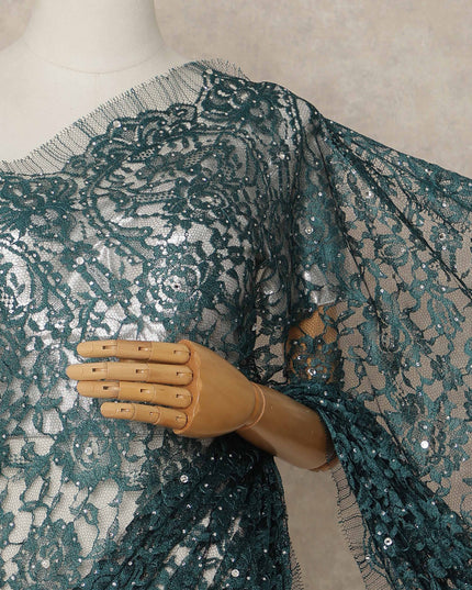 Deep Teal Green Premium French Chantilly Saree Lace With Stone Work 5.5 Mtrs Length 110 Cms Width Designer Net Fabric Made In France, Blouse Not Included-D28132