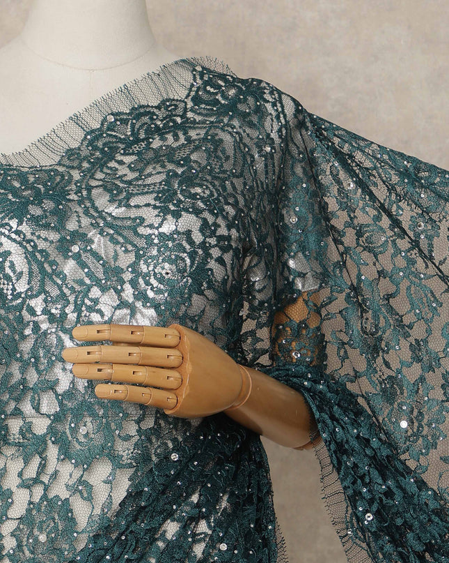 Deep Teal Green Premium French Chantilly Saree Lace With Stone Work 5.5 Mtrs Length 110 Cms Width Designer Net Fabric Made In France, Blouse Not Included-D28132