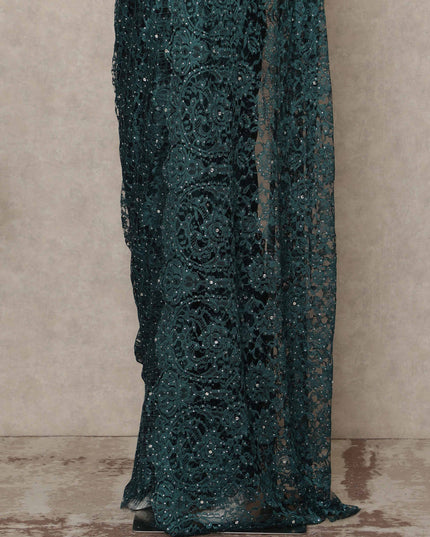 Deep Teal Green Premium French Chantilly Saree Lace With Stone Work 5.5 Mtrs Length 110 Cms Width Designer Net Fabric Made In France, Blouse Not Included-D28132