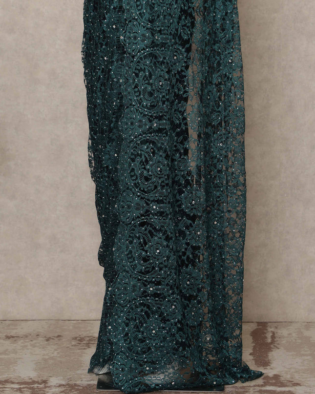 Deep Teal Green Premium French Chantilly Saree Lace With Stone Work 5.5 Mtrs Length 110 Cms Width Designer Net Fabric Made In France, Blouse Not Included-D28132