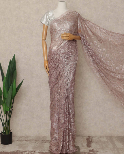 Rose Pink Premium French Metallic Chantilly Saree Lace With Stone Work 5.5 Mtrs Length 110 Cms Width Designer Net Fabric Made In France, Blouse Not Included-D28138