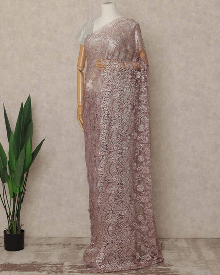 Rose Pink Premium French Metallic Chantilly Saree Lace With Stone Work 5.5 Mtrs Length 110 Cms Width Designer Net Fabric Made In France, Blouse Not Included-D28138