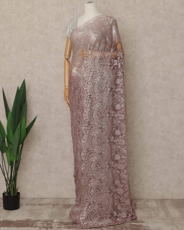 Rose Pink Premium French Metallic Chantilly Saree Lace With Stone Work 5.5 Mtrs Length 110 Cms Width Designer Net Fabric Made In France, Blouse Not Included-D28138