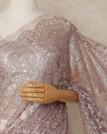 Rose Pink Premium French Metallic Chantilly Saree Lace With Stone Work 5.5 Mtrs Length 110 Cms Width Designer Net Fabric Made In France, Blouse Not Included-D28138