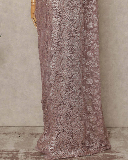 Rose Pink Premium French Metallic Chantilly Saree Lace With Stone Work 5.5 Mtrs Length 110 Cms Width Designer Net Fabric Made In France, Blouse Not Included-D28138