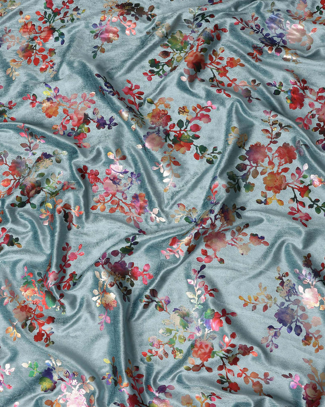 Sage Grey Floral Bouquet Synthetic Blended Velvet Fabric