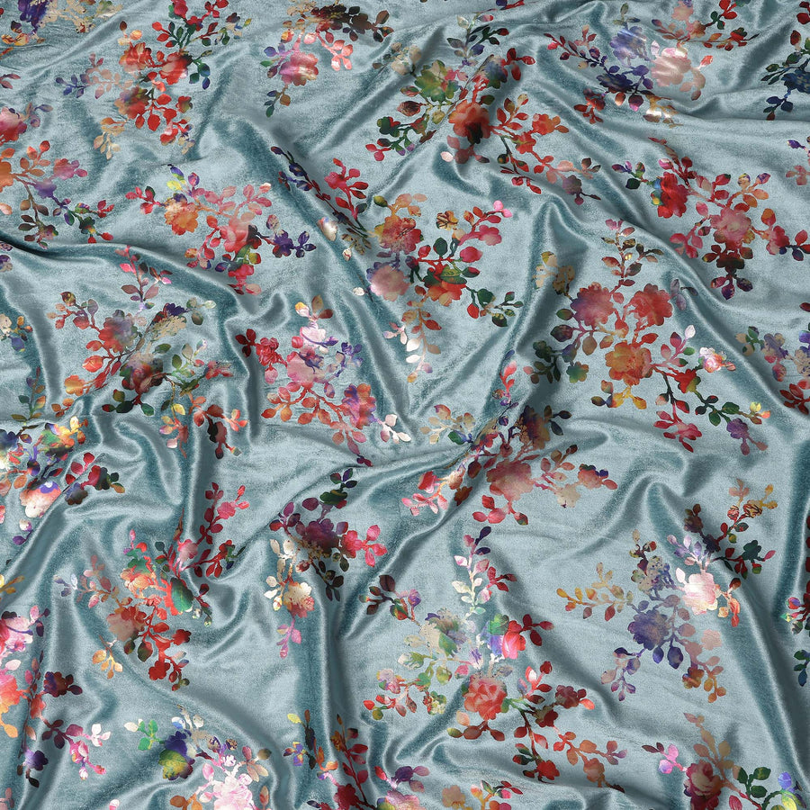 Sage Grey Floral Bouquet Synthetic Blended Velvet Fabric