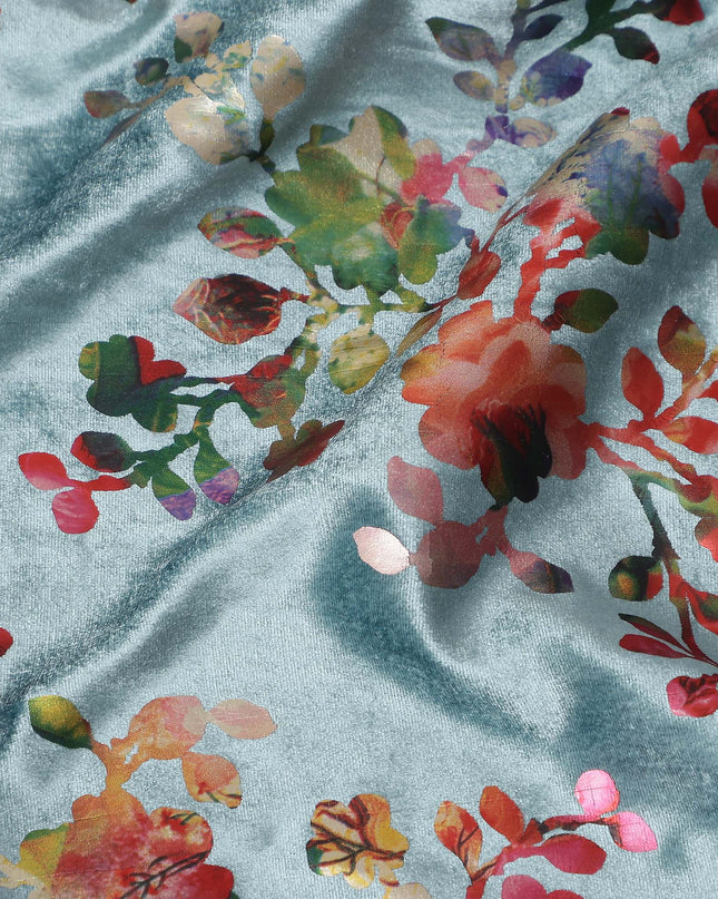 Sage Grey Floral Bouquet Synthetic Blended Velvet Fabric