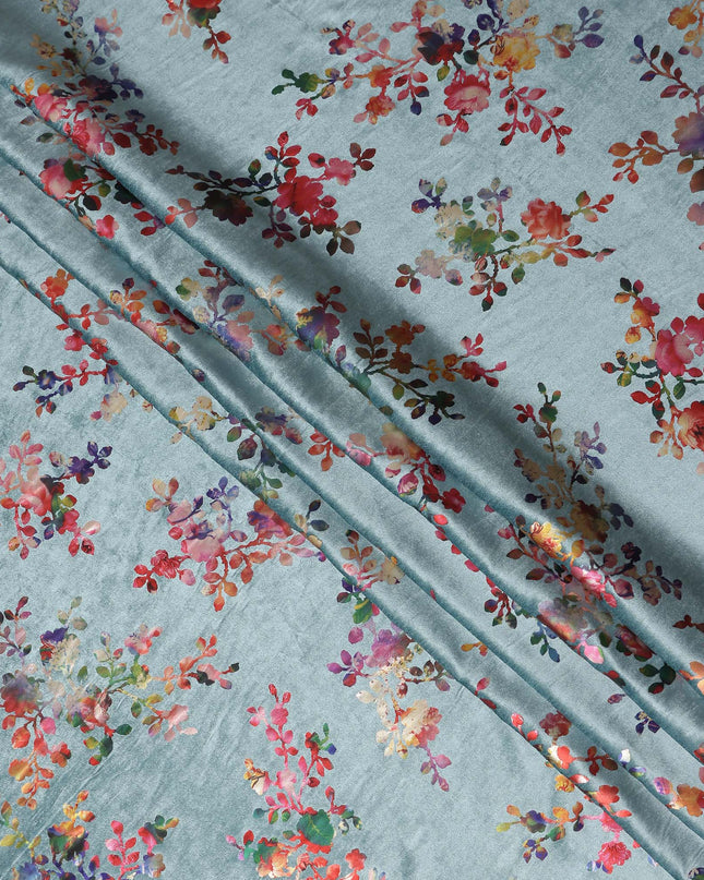 Sage Grey Floral Bouquet Synthetic Blended Velvet Fabric