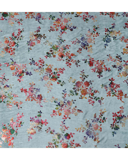 Sage Grey Floral Bouquet Synthetic Blended Velvet Fabric