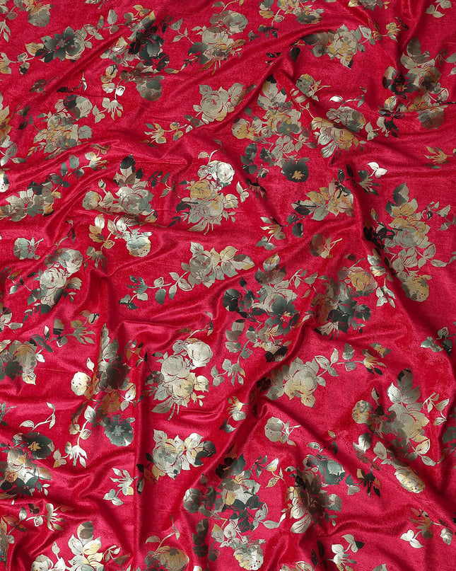Crimson Red Rose Bouquet Synthetic Blended Velvet Fabric