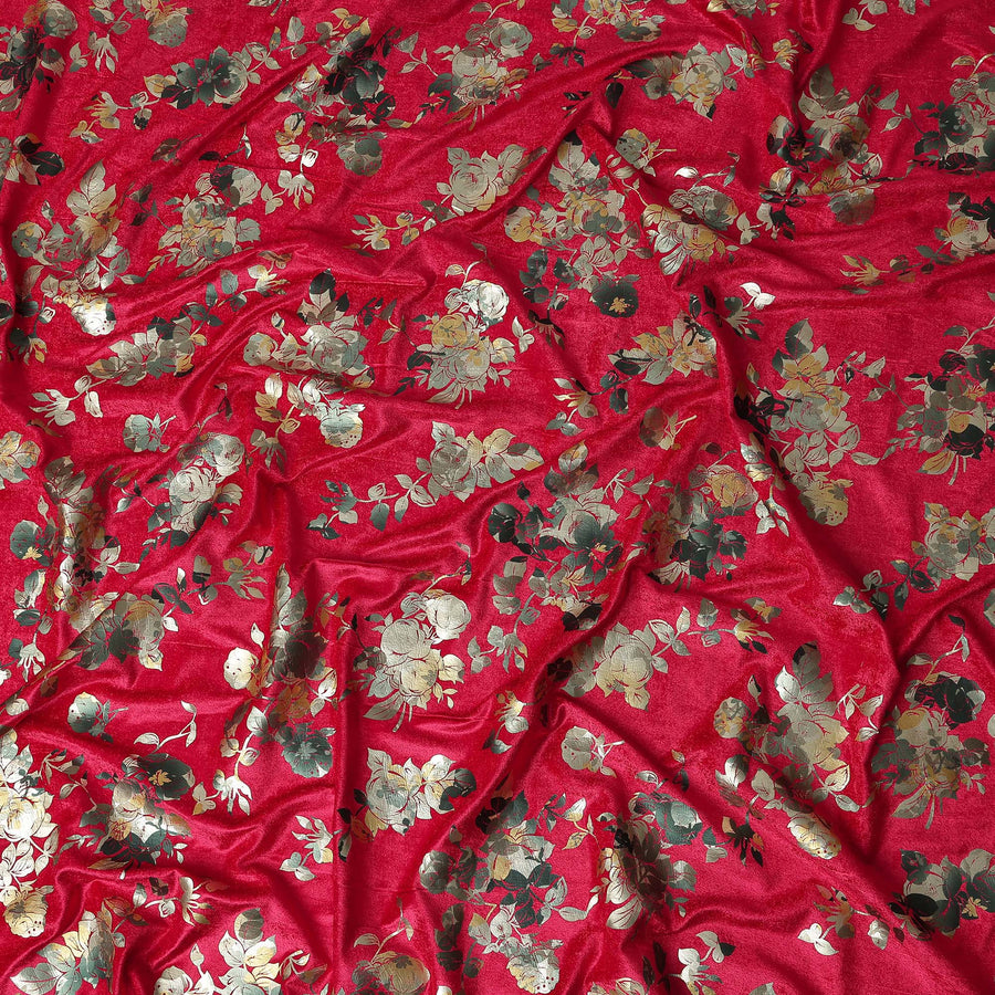 Crimson Red Rose Bouquet Synthetic Blended Velvet Fabric