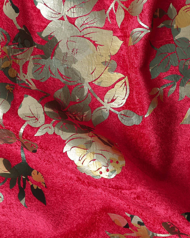 Crimson Red Rose Bouquet Synthetic Blended Velvet Fabric