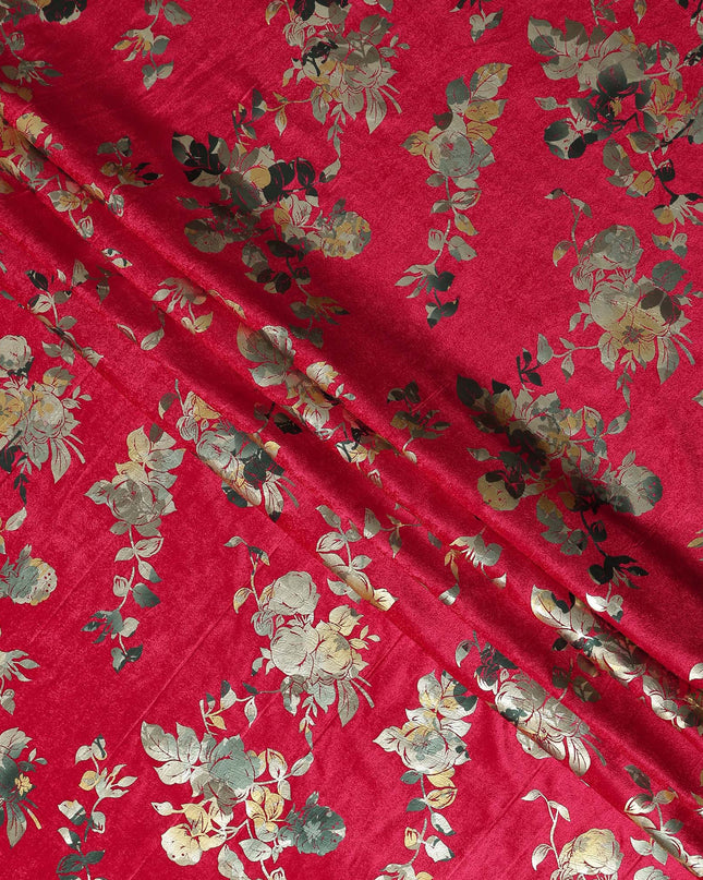 Crimson Red Rose Bouquet Synthetic Blended Velvet Fabric