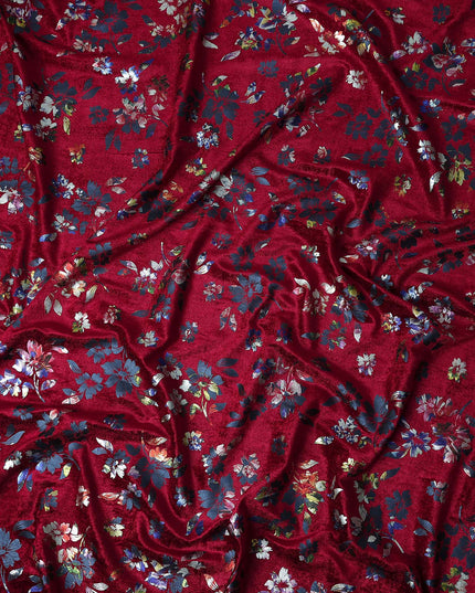Crimson Red Burnout Floral Synthetic Blended Velvet Fabric