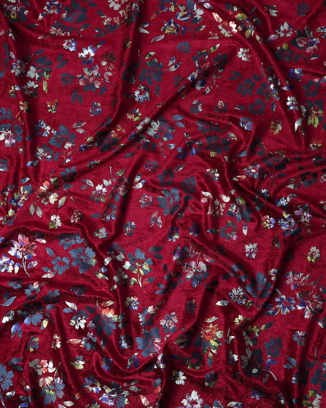 Crimson Red Burnout Floral Synthetic Blended Velvet Fabric