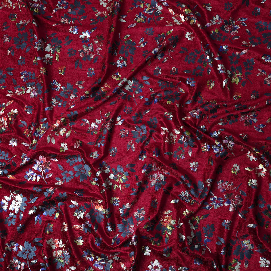 Crimson Red Burnout Floral Synthetic Blended Velvet Fabric