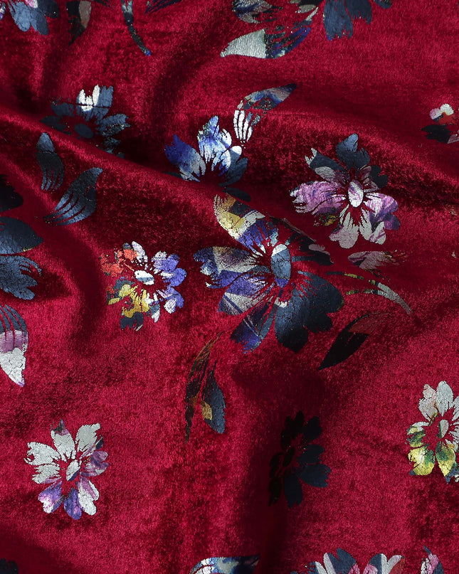 Crimson Red Burnout Floral Synthetic Blended Velvet Fabric