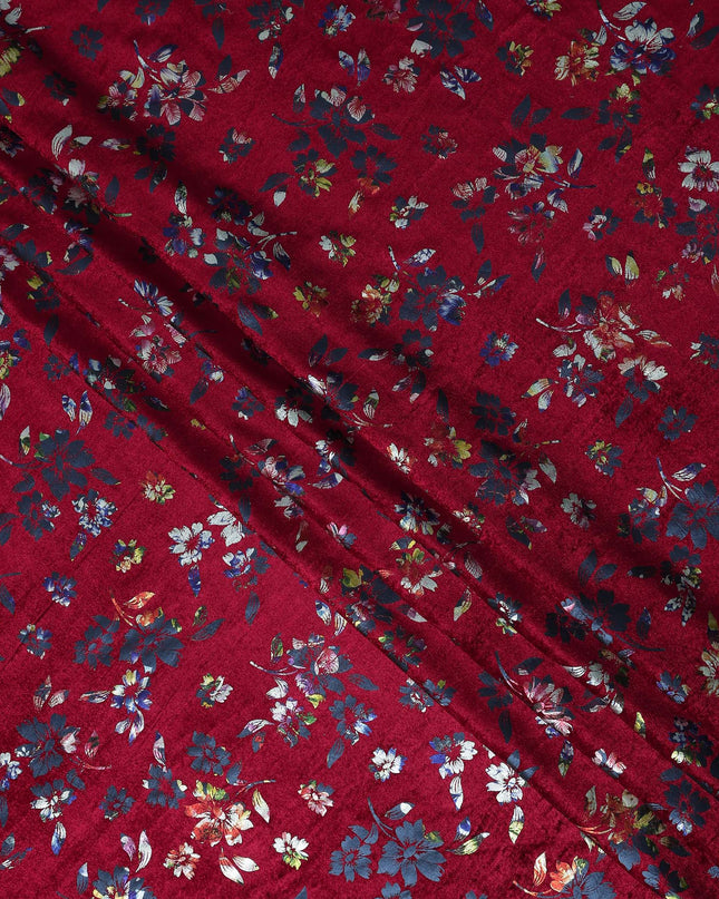 Crimson Red Burnout Floral Synthetic Blended Velvet Fabric