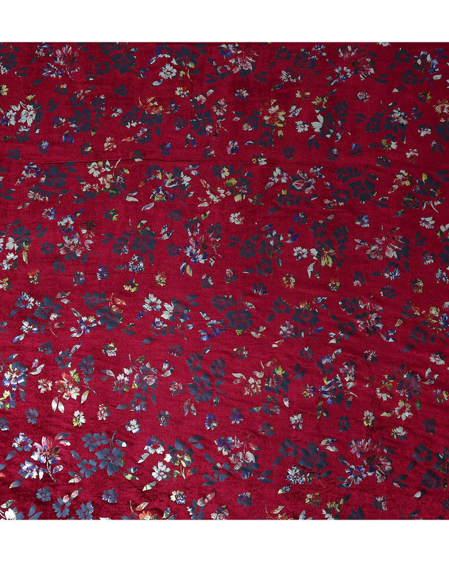 Crimson Red Burnout Floral Synthetic Blended Velvet Fabric