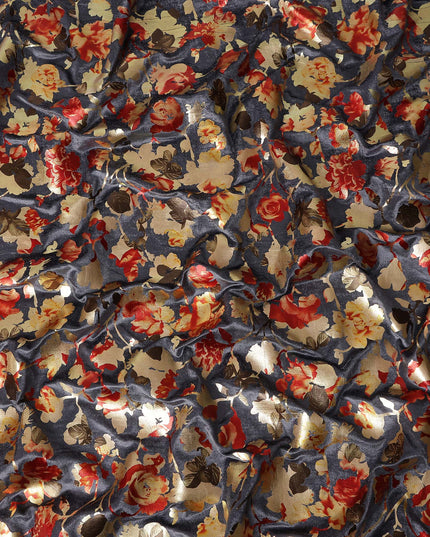 Charcoal Grey Burnout Floral Synthetic Blended Velvet Fabric