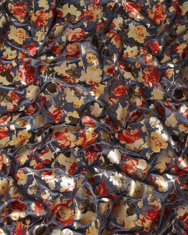 Charcoal Grey Burnout Floral Synthetic Blended Velvet Fabric