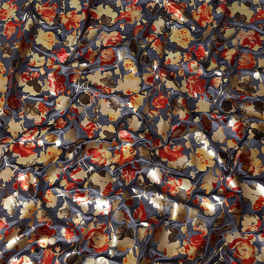Charcoal Grey Burnout Floral Synthetic Blended Velvet Fabric