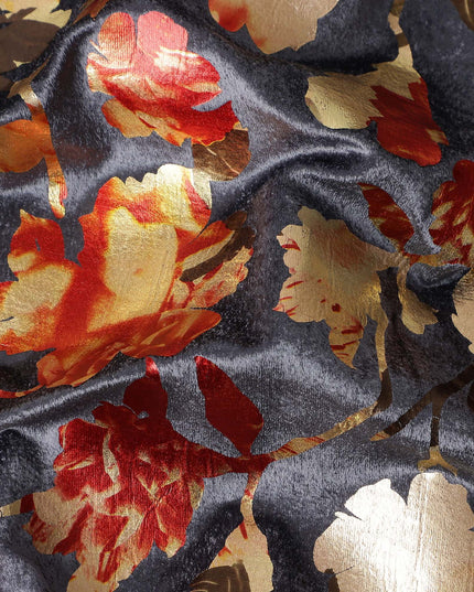 Charcoal Grey Burnout Floral Synthetic Blended Velvet Fabric