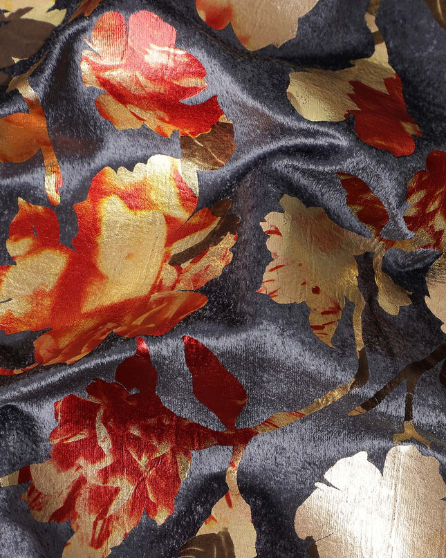 Charcoal Grey Burnout Floral Synthetic Blended Velvet Fabric