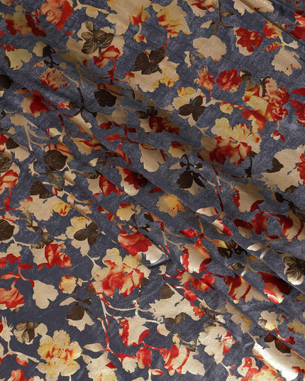 Charcoal Grey Burnout Floral Synthetic Blended Velvet Fabric