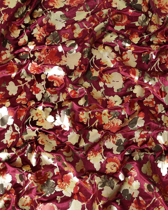 Wine Maroon Burnout Floral Synthetic Blended Velvet Fabric