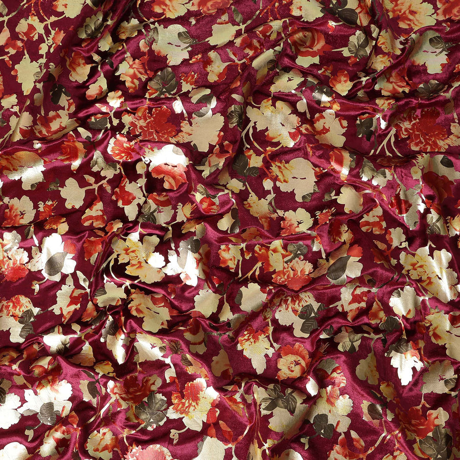 Wine Maroon Burnout Floral Synthetic Blended Velvet Fabric