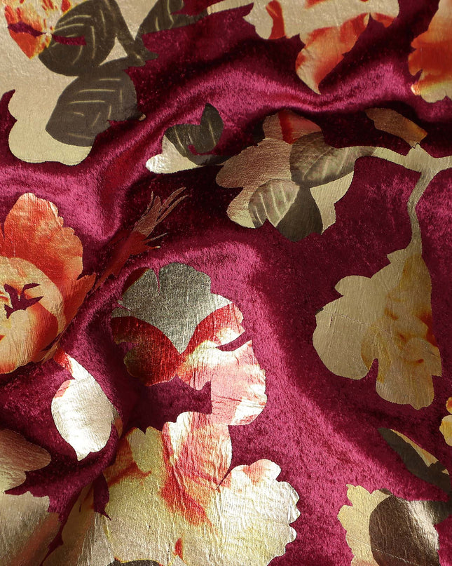 Wine Maroon Burnout Floral Synthetic Blended Velvet Fabric