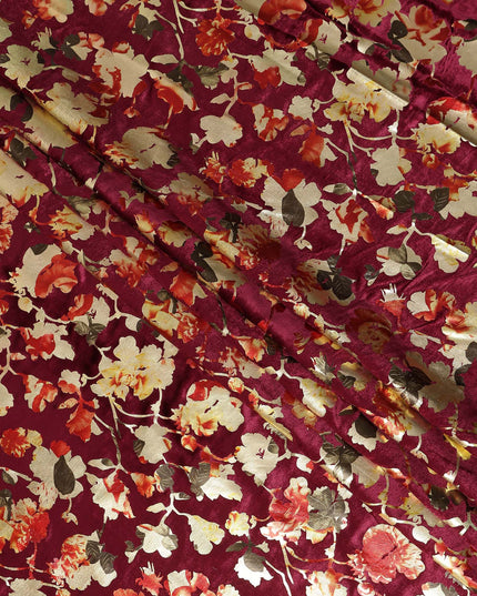 Wine Maroon Burnout Floral Synthetic Blended Velvet Fabric