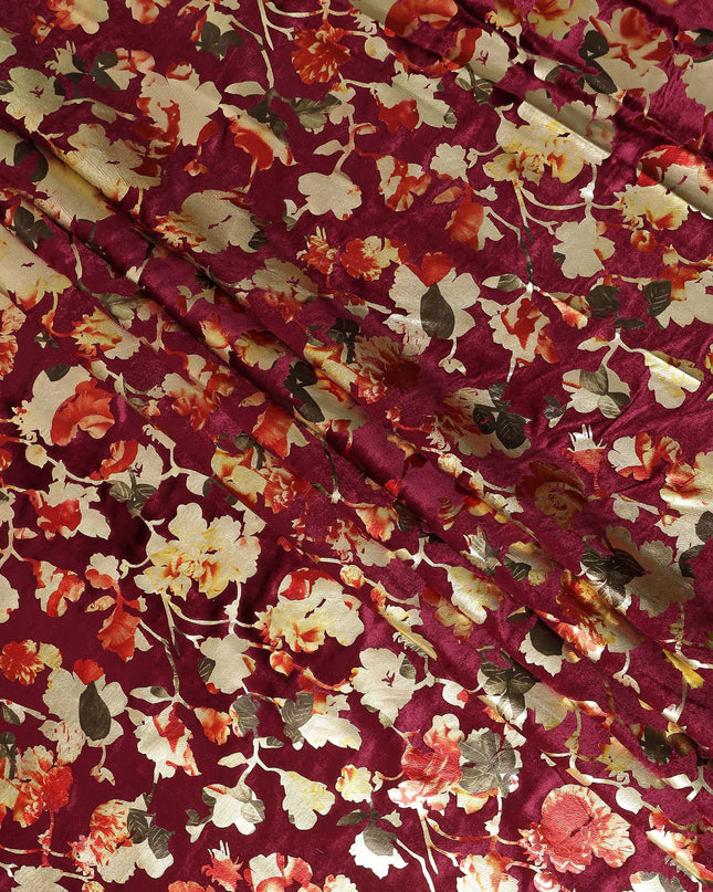 Wine Maroon Burnout Floral Synthetic Blended Velvet Fabric