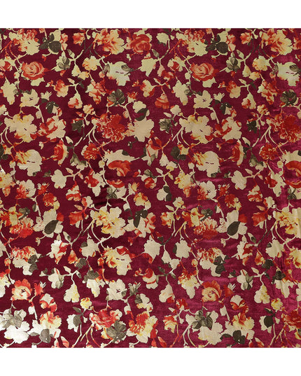 Wine Maroon Burnout Floral Synthetic Blended Velvet Fabric