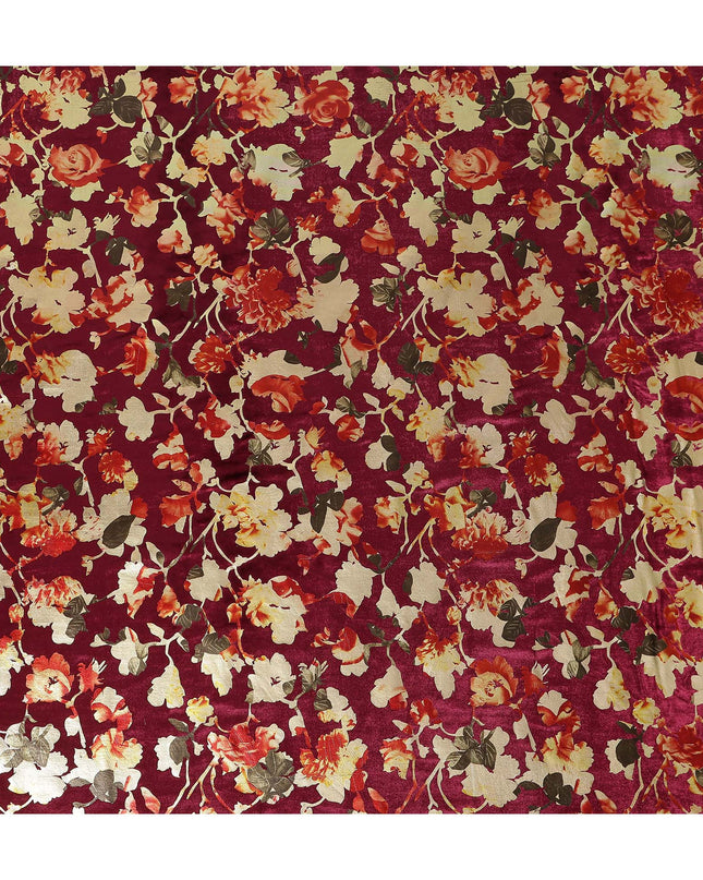 Wine Maroon Burnout Floral Synthetic Blended Velvet Fabric