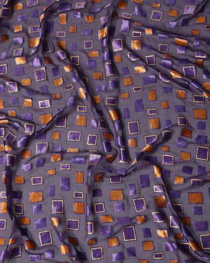 Purple and Copper Geometric Square Printed Synthetic Burnout Chiffon Velvet Fabric 140 Cms Width Lightweight Soft Draping Material India-D28171
