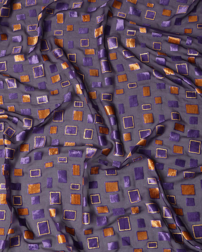 Purple and Copper Geometric Square Printed Synthetic Burnout Chiffon Velvet Fabric 140 Cms Width Lightweight Soft Draping Material India-D28171