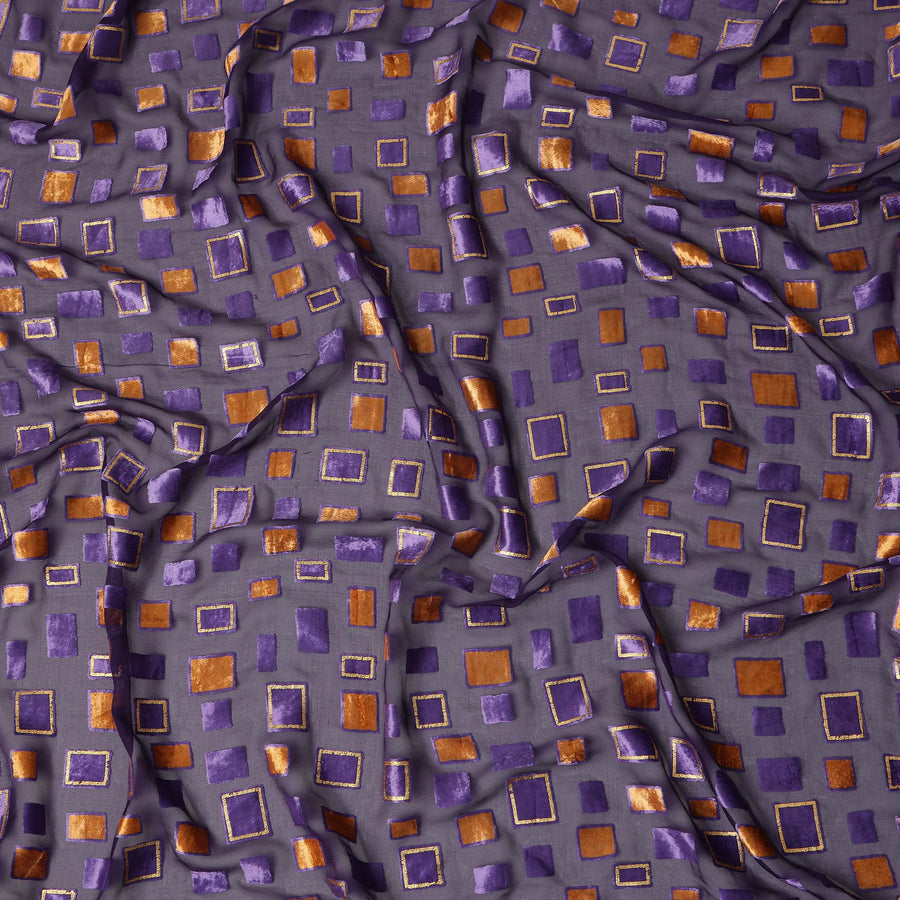 Purple and Copper Geometric Square Printed Synthetic Burnout Chiffon Velvet Fabric 140 Cms Width Lightweight Soft Draping Material India-D28171