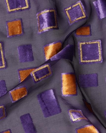 Purple and Copper Geometric Square Printed Synthetic Burnout Chiffon Velvet Fabric 140 Cms Width Lightweight Soft Draping Material India-D28171