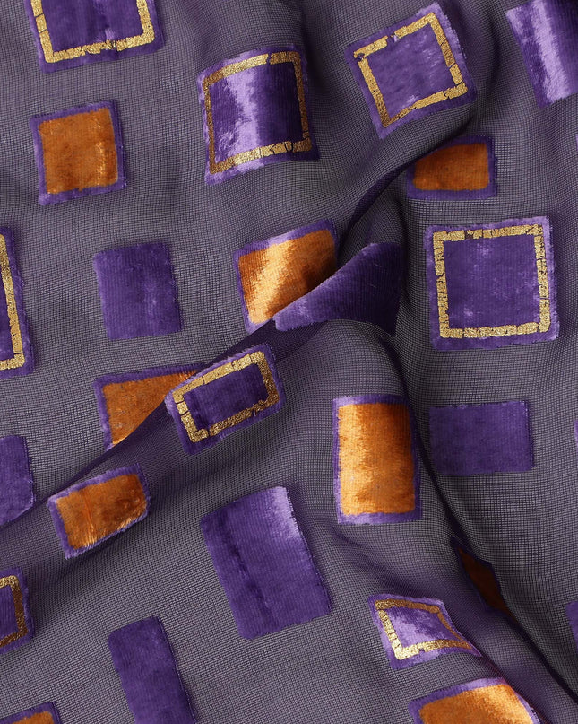 Purple and Copper Geometric Square Printed Synthetic Burnout Chiffon Velvet Fabric 140 Cms Width Lightweight Soft Draping Material India-D28171