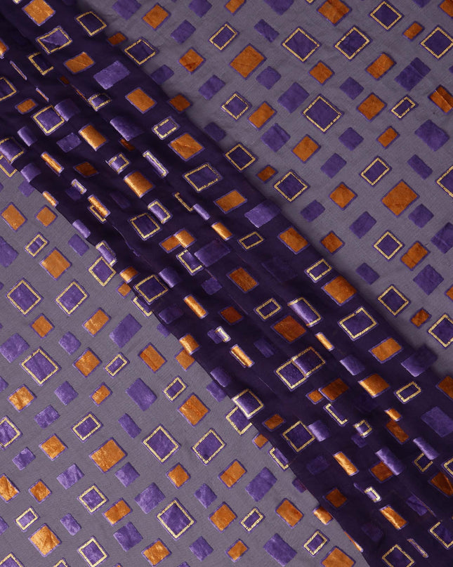 Purple and Copper Geometric Square Printed Synthetic Burnout Chiffon Velvet Fabric 140 Cms Width Lightweight Soft Draping Material India-D28171
