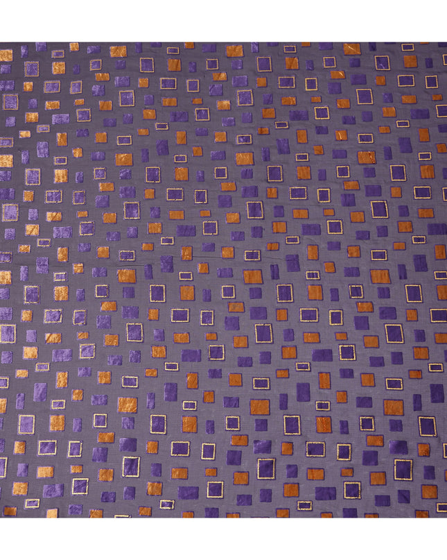 Purple and Copper Geometric Square Printed Synthetic Burnout Chiffon Velvet Fabric 140 Cms Width Lightweight Soft Draping Material India-D28171