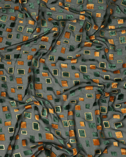 Green and Copper Geometric Square Printed Synthetic Burnout Chiffon Velvet Fabric 140 Cms Width India-D28172