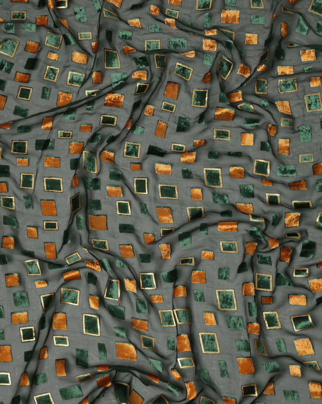 Green and Copper Geometric Square Printed Synthetic Burnout Chiffon Velvet Fabric 140 Cms Width India-D28172